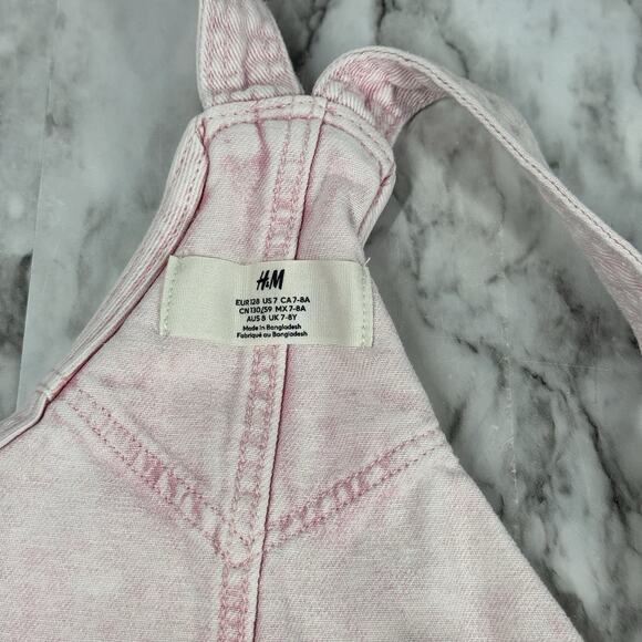 H&M Pink Denim Shortalls Girls Size 7 Jean Overalls 100% Cotton Washed - Picture 3 of 3